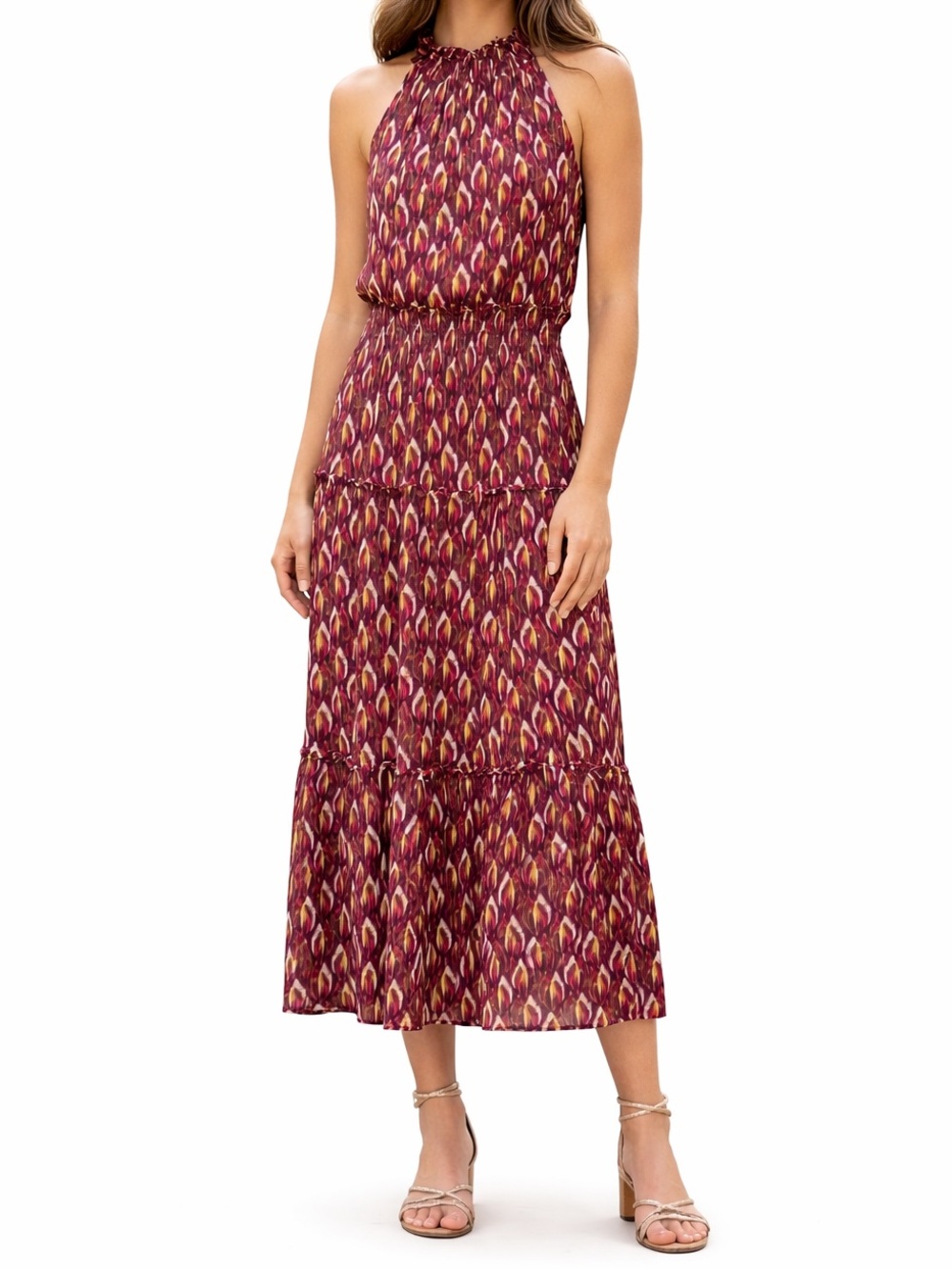 NWT Taylor Smocked Neck and Bodice Halter Top Maxi Dress in Ikat Print Size 4